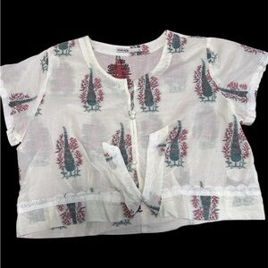 White Floral Blouse with Red and Green Accents